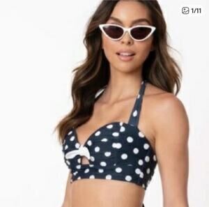 Unique Vintage Navy White Polka Dot Pin Up Bikini Top 3X NWT